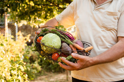 Midsection of man holding vegetables