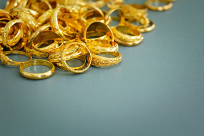 High angle view of coins on table