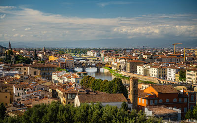 High angle shot of townscape against sky