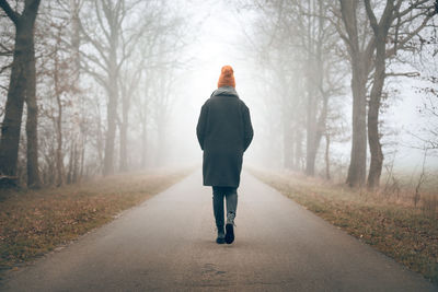 Rear view of man walking on road amidst trees during winter