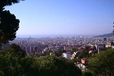 High angle view of trees and buildings against blue sky