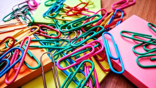 Close-up of colorful objects on table
