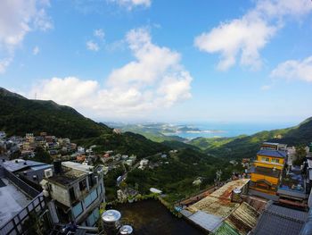 High angle view of built structures on landscape