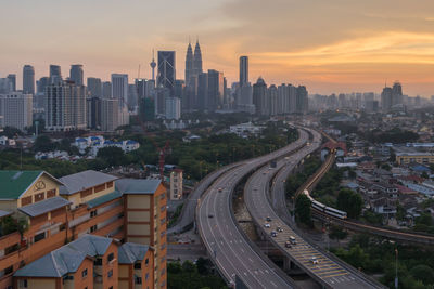 High angle view of cityscape during sunset