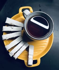 High angle view of tea cup on table