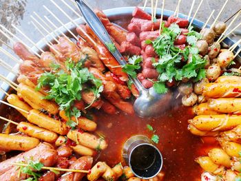 High angle view of meal served in tray