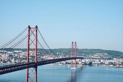 View of the tagus river in lisbon with the bridge of the ponte 25 de abril, lisbon portugal