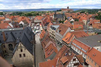 High angle view of buildings in city