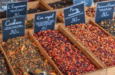 High angle view of food for sale at market stall