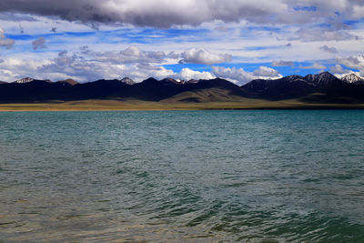 Scenic view of lake by mountains against sky