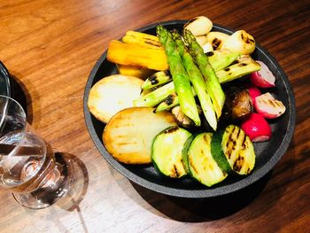 High angle view of food in plate on table