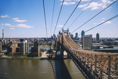 Bridge over river amidst buildings in city against sky