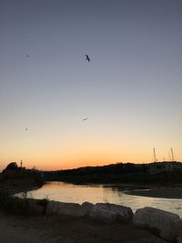 Silhouette bird flying over sea against clear sky during sunset