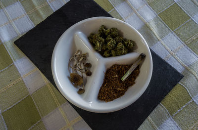 High angle view of food in bowl on table