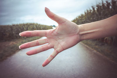 Close-up of woman hand gesturing over road