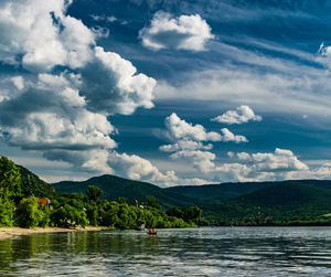 Scenic view of lake and mountains against sky