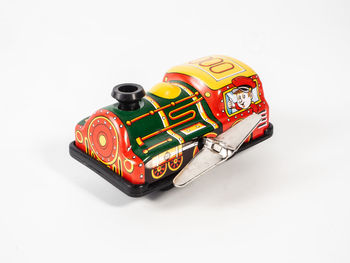 High angle view of toy car on white background