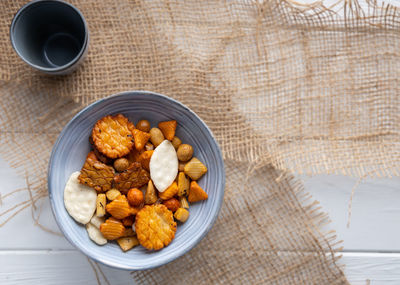 High angle view of breakfast on table