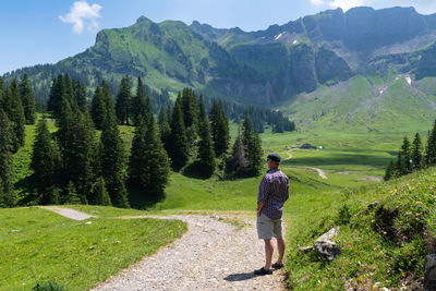 Rear view of man looking away while standing on road