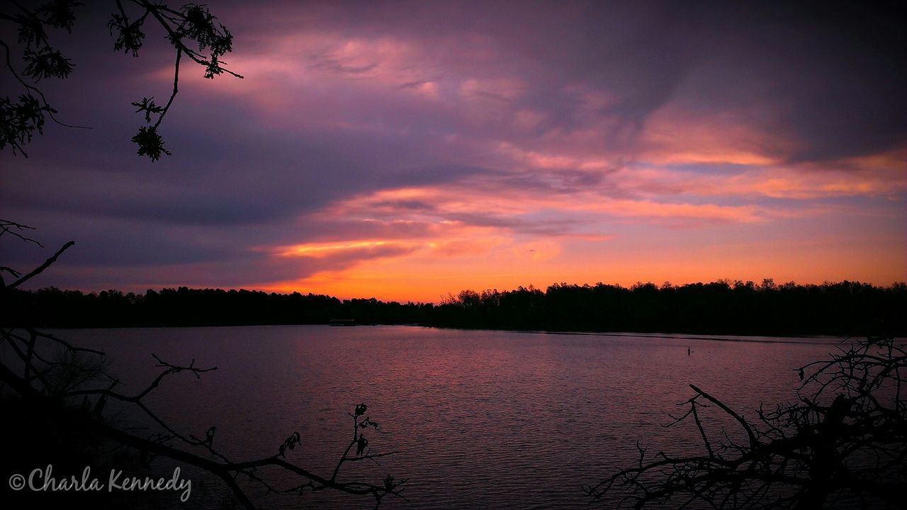 sunset, tranquil scene, tranquility, water, sky, scenics, lake, beauty in nature, silhouette, cloud - sky, tree, nature, reflection, idyllic, cloud, cloudy, bare tree, dusk, non-urban scene, river