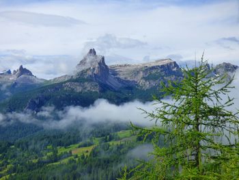 Scenic view of mountains against cloudy sky