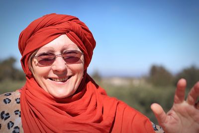 Close-up portrait of a woman wearing headscarf