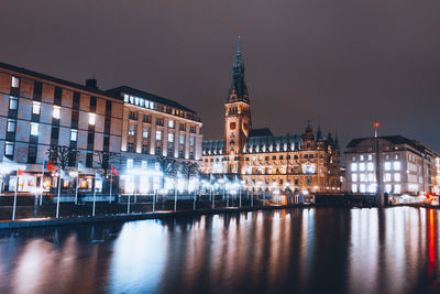 Reflection of illuminated buildings in hamburg at night