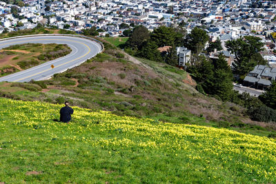 High angle view of road amidst field