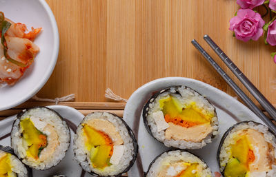 High angle view of sushi served on table