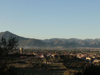 High angle view of townscape against clear sky