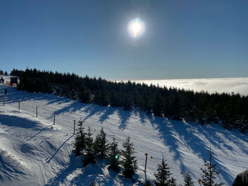 Scenic view of snow covered mountains against sky