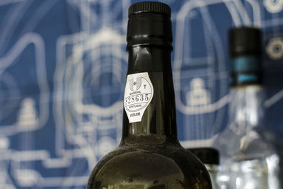 Close-up of label on wine bottle