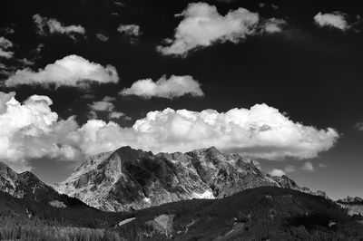 Low angle view of snowcapped mountains against sky