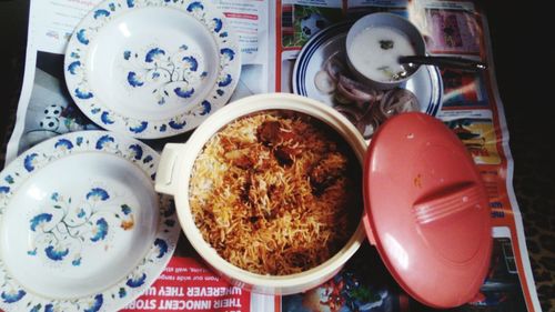 High angle view of breakfast on table