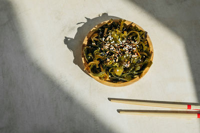 High angle view of food in bowl on table