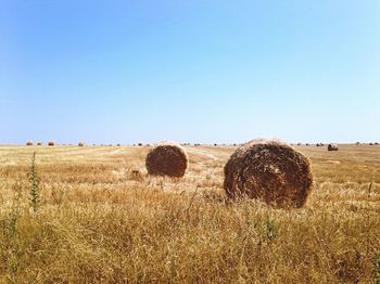 Hay bales on field against clear sky