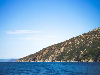 Scenic view of sea and mountains against clear blue sky