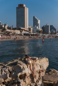 Scenic view of sea by buildings against clear sky