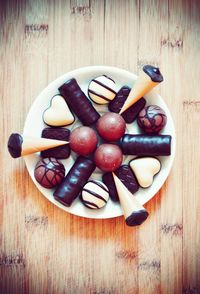 High angle view of fruits in bowl on table