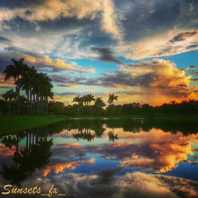 sky, sunset, reflection, water, cloud - sky, tranquil scene, tranquility, scenics, lake, tree, beauty in nature, cloudy, nature, cloud, idyllic, orange color, palm tree, standing water, outdoors, calm