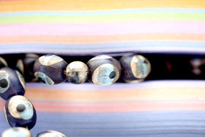 Close-up of old objects on table