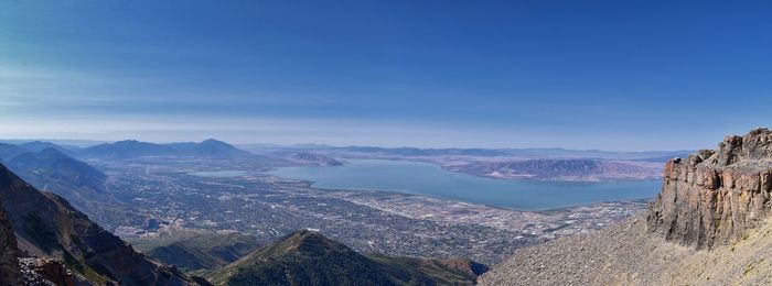 Panoramic view of mountain range against blue sky