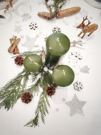 High angle view of christmas decoration on table