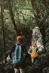 Rear view of women walking in forest