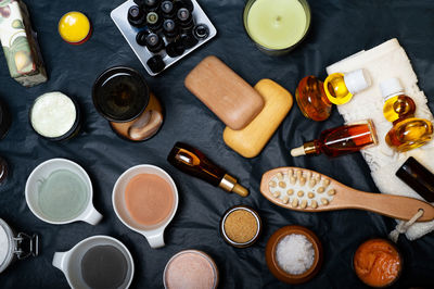 High angle view of objects on table