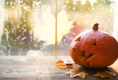 Close-up of pumpkin on table during halloween