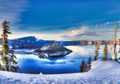 Scenic view of snow covered mountains against sky