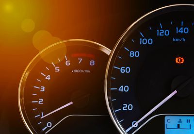Close-up of speedometer and fuel gauge