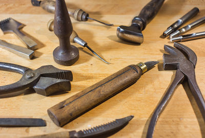 High angle view of tools on table