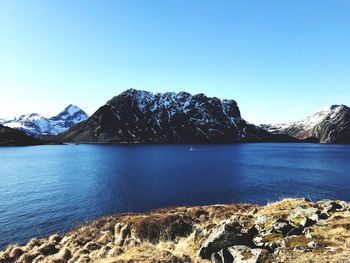 Scenic view of lake against clear blue sky